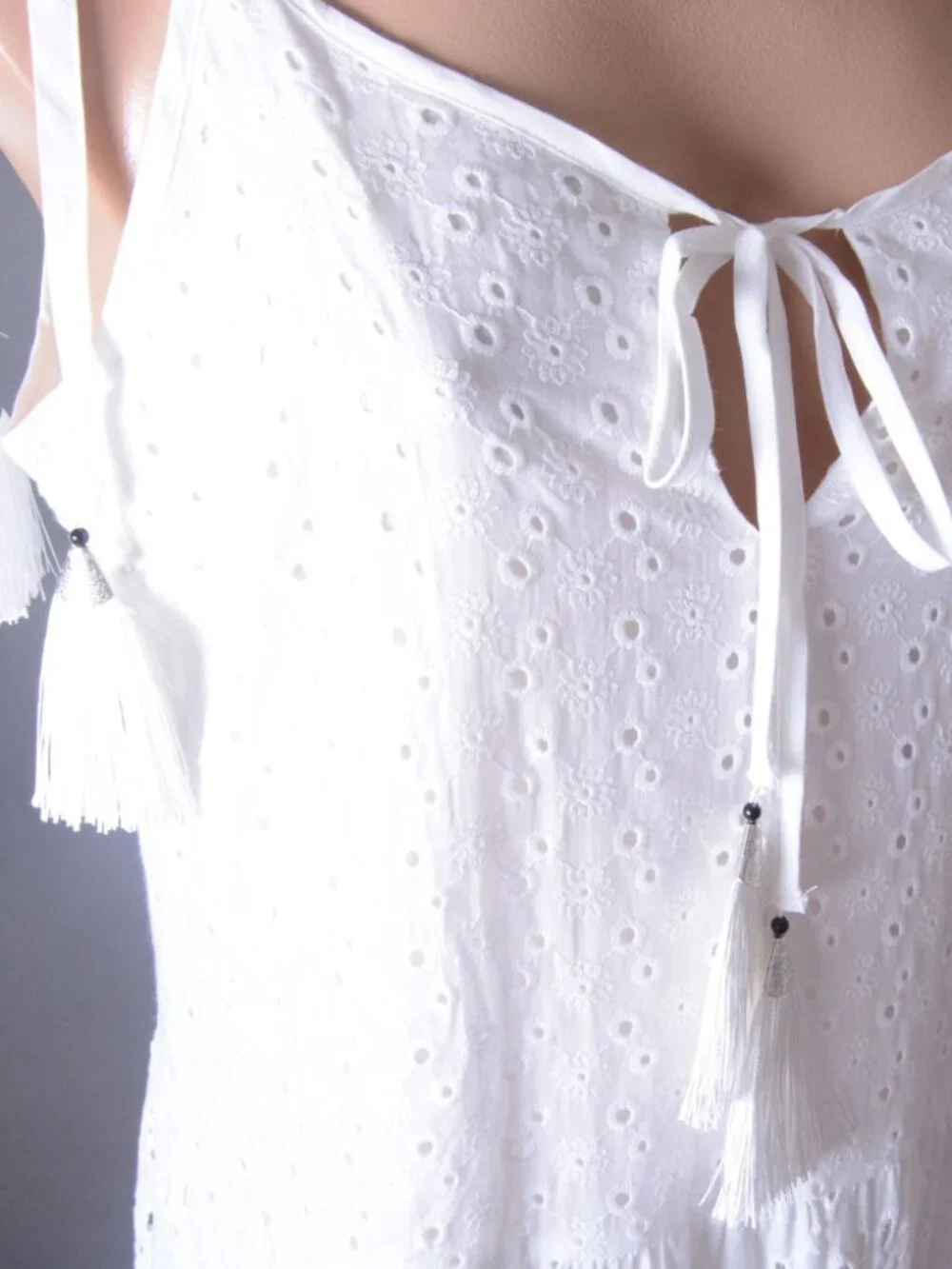White Tiered Crochet Eyelet Fringe Bohemian Sleeveless Bow Summer Long Dress - Picture 11 of 11